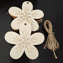 Flower Easter Unfinished Wood Pendant Ornaments, with Hemp Rope, for Blank Crafts DIY Easter Party Hanging Decoration Supplies, PapayaWhip, Flower, 80x77mm, 10pcs/bag