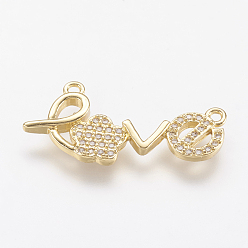 Real 18K Gold Plated Brass Micro Pave Cubic Zirconia Pendants, Word Love, Real 18K Gold Plated, 12x26.5x2mm, Hole: 1mm
