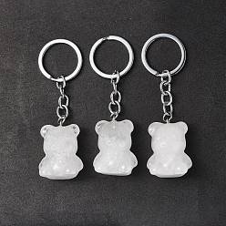 Quartz Crystal Natural Quartz Crystal Pendant Keychains, with Iron Keychain Clasps, Bear, 8cm