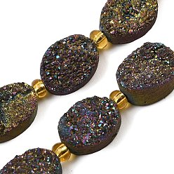 Индиго Гальванизированные натуральные druzy кварцевые бисерные пряди, с бисером, Плоско-овальные, индиговые, 14~14.5x10~10.5x4.5~7.5 мм, отверстие : 0.7 мм, около 11 шт / нитка, 7.17~7.48 дюйм (18.2~19 см)