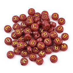 Chocolate Plating Acrylic Beads, Golden Metal Enlaced, Horizontal Hole, Flat Round with Letter, Chocolate, 6.5~7x3.5~4mm, Hole: 1.6mm, about 3600g/500g