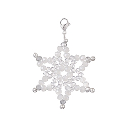 Clear AB Snowflake Glass Bead Pendant Decorations, with 304 Stainless Steel Lobster Claw Clasps, Clear AB, 60mm