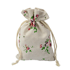 Flower Linenette Drawstring Bags, Rectangle, Rose Pattern, 18x13cm