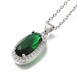 Зеленый 304 из нержавеющей стали кабель цепи ожерелья, Овальные подвески из латуни с прозрачным кубическим цирконием, платины и нержавеющая сталь цвет, зелёные, 17.52 дюйм (44.5 см)