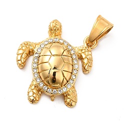 Golden 304 Stainless Steel Pendants, with Crystal Rhinestone, Sea Turtle Charms, Golden, 33x30x9mm, Hole: 9x6mm
