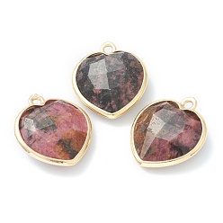 Rhodonite Natural Rhodonite Pendants, with Golden Brass Edge, Faceted, Heart, 19x16.5x6~6.5mm, Hole: 1.6mm