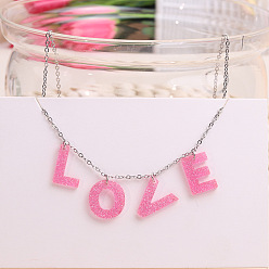 Hot Pink Valentine's Day Acrylic Word LOVE Charms Bib Necklaces, with Stainless Steel Chains, Hot Pink, 15.75~17.72 inch(40~45cm)