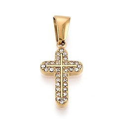 Золотой 303 подвески из нержавеющей стали, со стразами, крест прелести, ионное покрытие (ip), долговечный, золотые, 17.5x10.5x2.5 мм, отверстие : 6.3x2.8 мм