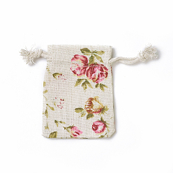 Colorful Burlap Packing Pouches, Drawstring Bags, Rectangle with Rose Pattern, Colorful, 14~14.4x10~10.2cm