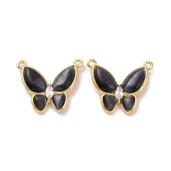 Black Cat Eye Pendants, Butterfly Charm, with Brass Clear Cubic Zirconia, Cadmium Free & Lead Free, Real 18K Gold Plated, Black, 17x20.5x4mm, Hole: 1.2mm