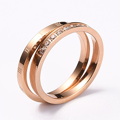 Rose Gold 304 Stainless Steel Finger Rings Sets, with Clear Cubic Zirconia, Roman Numerals, Rose Gold, US Size 7, Inner Diameter: 17mm, 2pcs/set