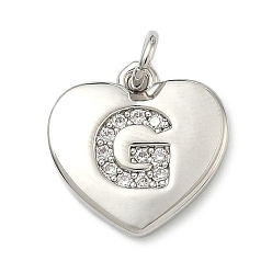 Letter G Латунные микропаве прозрачные подвески с фианитом, сердце прелести, без кадмия и без свинца, стойки покрытие, долговечный, платина, Буква G, 15x15x2 мм, отверстие : 3 мм