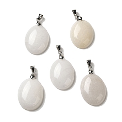 Белый Нефрит Натурального белого нефрита подвески, овальные подвески со стойкой, латунные кнопки с платиновым покрытием, защелки на дужках, 30x21.5~22x6~6.5 мм, отверстие : 6x4 мм