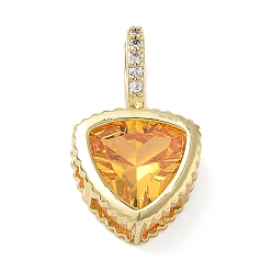 Orange Brass Pave Cubic Zirconia Pendants, Triangle Charms, Long-Lasting Plated, Rack Plating, Lead Free & Cadmium Free, Real 18K Gold Plated, Orange, 21x12x6mm, Hole: 7x5mm