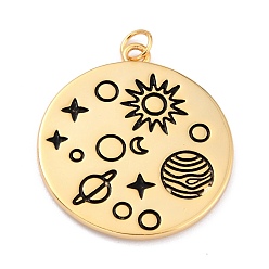 Real 18K Gold Plated Brass Enamel Pendants, Solar System Pendants, with Jump Rings, Long-Lasting Plated, Flat Round & Planet, Black, Real 18K Gold Plated, 24x21.5x1.5mm, Hole: 3mm