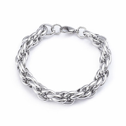 Stainless Steel Color 304 Stainless Steel Rope Chain Bracelets, with Lobster Claw Clasps, Stainless Steel Color, 8-5/8 inch(22cm)