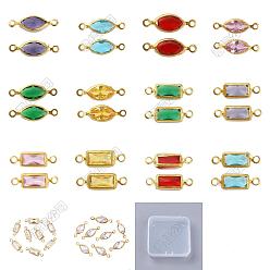 Couleur Mélangete 84 pièces 14 styles laiton pavé k9 breloques connecteur en verre, sans cadmium et sans plomb, Liens œil de cheval et rectangle, or, couleur mixte, 11.5~14x3.5~4.5x1.5~2mm, 6 pcs / style