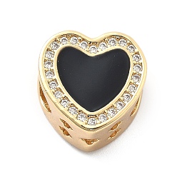 Черный Стойка покрытие латунь с кубическим цирконием европейские бусины и эмаль, сердце, бусины с большим отверстием, долговечный, без свинца и без кадмия, чёрные, 12x12.5x8 мм, отверстие : 5 мм