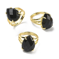 Обсидиан Латунные манжеты с открытыми кольцами, с естественным обсидианом, слеза, граненые, стойки покрытие, долговечный, золотые, 18 мм