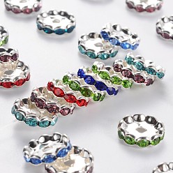 Mixed Color Grade A Brass Rhinestone Spacer Beads, Basketball Wives Spacer Beads for Jewelry Making, Mixed Color, Rondelle, Nickel Free, Silver Color Plated, about 12mm in diameter, 4mm thick, hole: 2.5mm
