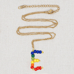 GZ-N200012E Handmade Rainbow Beaded Couples Necklace with Stainless Steel Lock Pendant - 26 Alphabet Letters for Beach Vacation