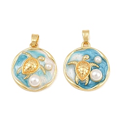 Steel Blue Brass Enamel Pendants, with ABS Plastic Imitation Pearl, Flat Round with Sea Turtle Charms, Real 18K Gold Plated, Steel Blue, 21.5x18.5x6mm, Hole: 4.5x3mm