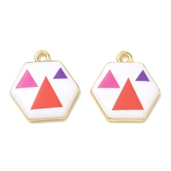 Red Printed Brass Pendants, Hexagon with Triangle Charms, Rack Plating, Long-Lasting Plated, Lead Free & Cadmium Free, Real 18K Gold Plated, Red, 22.5x21x3.5mm, Hole: 2.5mm