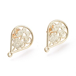 Real 18K Gold Plated Brass Stud Earring Findings,  with Ear Nuts, Earring Backs, Teardrop with Leaf, Real 18K Gold Plated, 20.5x15x0.6mm, Hole: 1mm, Pin: 0.9mm