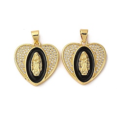Черный Латунные микро проложить кубического циркония подвески, Сердце с Девой Марией, с эмалью, без кадмия и без свинца, реальный 18 k позолоченный, стойки покрытие, долговечный, чёрные, 20.5x20x4 мм, отверстие : 4x4.5 мм