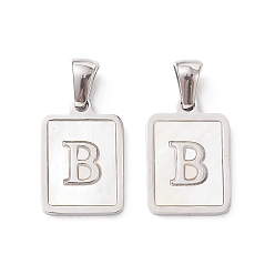 Letter B 304 Stainless Steel Pave Shell Pendants, Rectangle Charm, Stainless Steel Color, Letter B, 17.5x12x1.5mm, Hole: 3x5mm