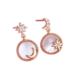 Golden Natural Shell Moon & Star Asymmetrical Earrings with Clear Cubic Zirconia, 925 Sterling Silver Dangle Stud Earrings for Women, Golden, 32x20mm
