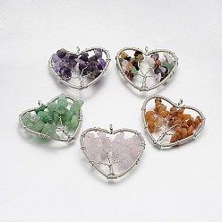 Mixed Stone Brass Natural & Synthetic Mixed Stone Pendants, Heart with Tree of Life, Platinum, 46~50x48~53x10mm, Hole: 5mm