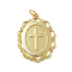 Real 14K Gold Plated Brass Pendants, with Jump Ring, Oval with Cross, Real 14K Gold Plated, 25x18x2.5mm, Hole: 3.2mm