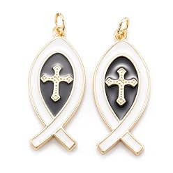 White Real 18K Gold Plated Brass Pendants, with Enamel, Long-Lasting Plated, Christian Ichthys Ichthus with Cross, White, 30.5x12.5x1.5mm, Jump Ring: 5x0.7mm, 3.6mm inner diameter