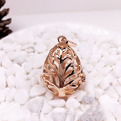 Light Gold Brass Bead Cage Pendants, for Chime Ball Pendant Necklaces Making, Hollow, Teardrop with Tree Charm, Light Gold