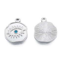 Stainless Steel Color 304 Stainless Steel Pendants, with Sapphire Rhinestone, Nuggets with Eye, Stainless Steel Color, 19x16x2.5mm, Hole: 1.2mm