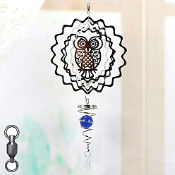 Owl Stainless Steel Wind Chines, Outdoor, Home Hanging Decoration with Royal Blue Glass Beads, Stainless Steel Color, Owl Pattern, 500x145mm