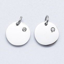 Stainless Steel Color 316 Surgical Stainless Steel Pendants, with Cubic Zirconia, Flat Round, Clear, Stainless Steel Color, 12x2mm, Hole: 3mm