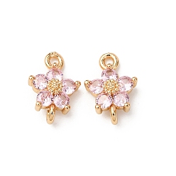 Pink Шармы-соединители из латуни с паве из кубического циркония, цветок ссылки, реальный 18 k позолоченный, розовые, 12x8x3 мм, отверстие : 1.2 мм