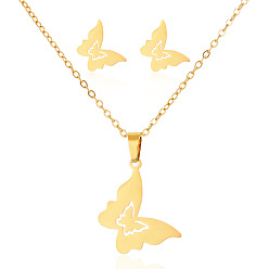 Butterfly Mother's Day Jewelry Set, Golden Alloy Pendant Necklace & Stud Earrings, Butterfly, 17.32 inch (440mm), 6~10x9~12mm