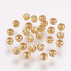 Golden Carved Brass Beads, Long-Lasting Plated, Round, Real 18K Gold Plated, 3.5~4x3mm, Hole: 2mm