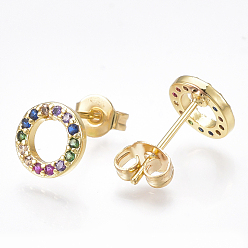 Real 18K Gold Plated Brass Micro Pave Cubic Zirconia Ear Studs, Ring, Real 18K Gold Plated, 8x1.5mm, Pin: 0.7mm