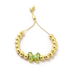 Vert Jaune Bracelets coulissants à perles rondes en laiton plaqué en rack pour femmes, bracelets réglables papillon en verre plaqué longue durée, sans nickel et sans plomb, réel 18 k plaqué or, vert jaune, diamètre intérieur : 1-1/2~2-7/8 pouces (3.7~7.2 cm)