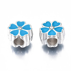 Темно-Голубой Эмали сплава Европейский бисером, бусины с большим отверстием, без кадмия и без свинца, серебряные, цветок, глубокое синее небо, 11.5x11.5x8.5 мм, отверстие : 4.5 мм