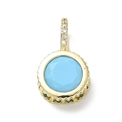 Sky Blue Brass Pave Cubic Zirconia Pendants, Flat Round Charms, Long-Lasting Plated, Rack Plating, Lead Free & Cadmium Free, Real 18K Gold Plated, Sky Blue, 21x12x7.8mm, Hole: 5x7mm