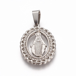 Stainless Steel Color Religion Theme 304 Stainless Steel Pendants, with Crystal Rhinestone, Oval with Virgin Mary, Stainless Steel Color, 25x17x2mm, Hole: 7x4mm