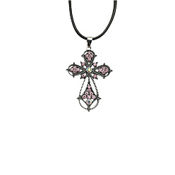 Burgundy Cross Zinc Alloy Pendant Necklace, with Rhinestone, Burgundy, 19.69 inch(50cm)