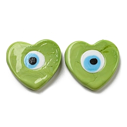 Olive Handmade Evil Eye Lampwork Beads, No Hole/Undrilled, Heart, Olive, 28~29x30x6~6.5mm