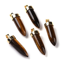 Tiger Eye Natural Tiger Eye Pointed Pendants, Cone Charms, with Golden Tone Alloy and Iron Findings, 42.5~46x14~15mm, Hole: 8x6mm