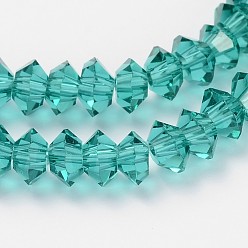 Dark Cyan Faceted Bicone Transparent Glass Bead Strands, Dark Cyan, 5x3mm, Hole: 1mm, about 99pcs/strand, 11.8 inch